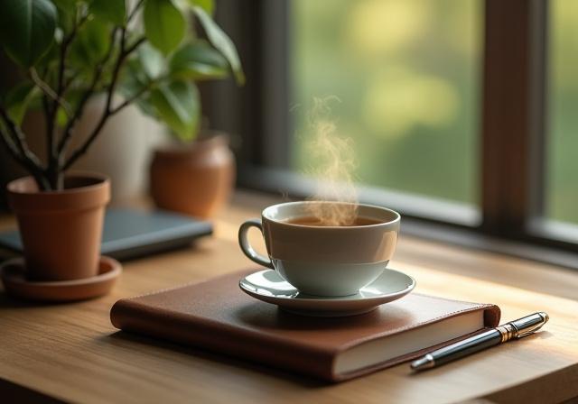 A serene desk with a steaming cup of tea and a leather-bound notebook