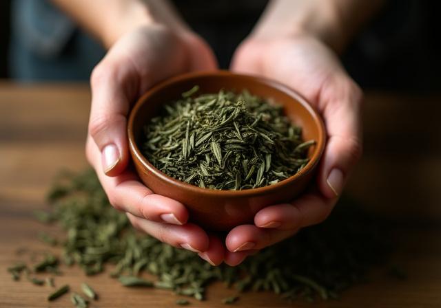 Close up hands inspecting raw tea leaves in a wooden bowl