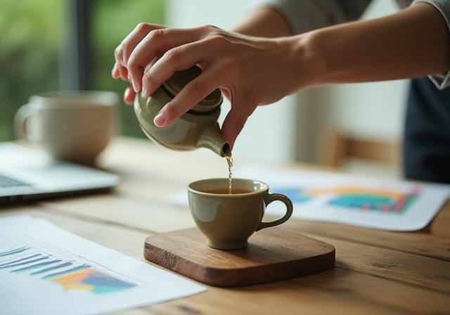 A calming tea preparation ritual in a modern office setup